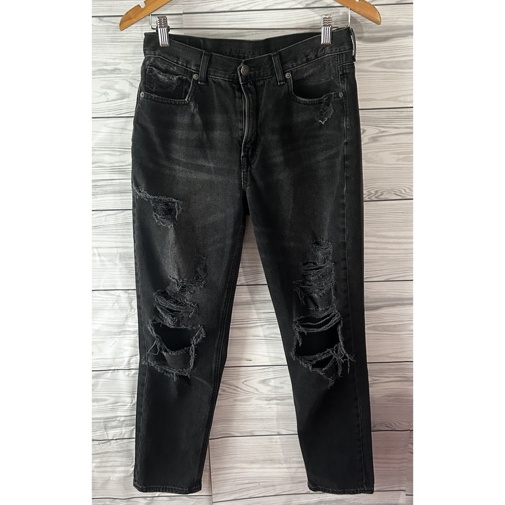 🖤 American Eagle Womens 6 Distressed Black Mom Jeans Ripped J420